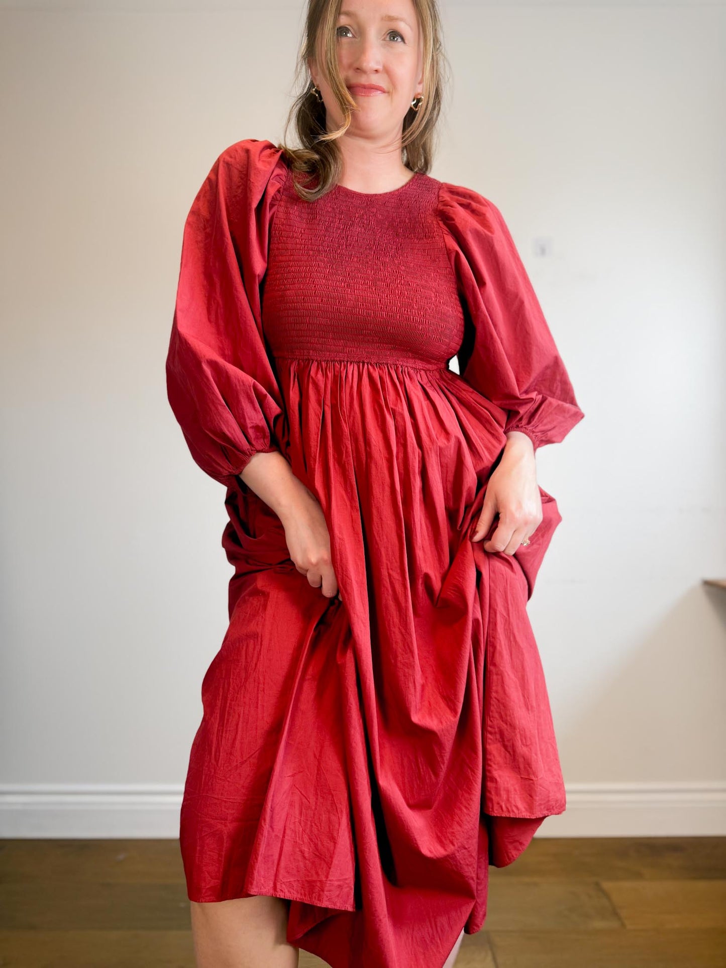 Anthropologie RHODE Puff Sleeve Dress in Burgundy (Size M/L)