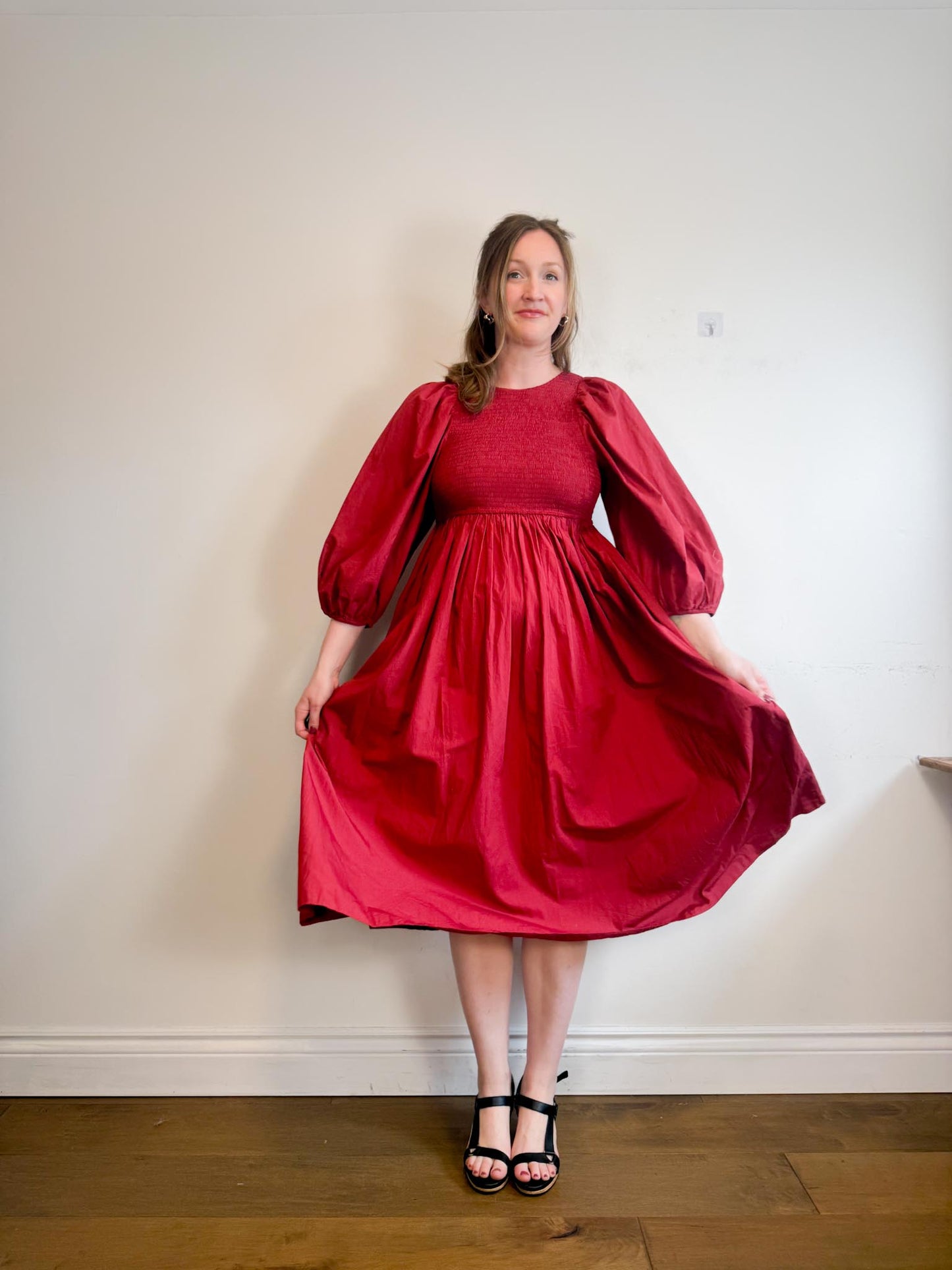 Anthropologie RHODE Puff Sleeve Dress in Burgundy (Size M/L)