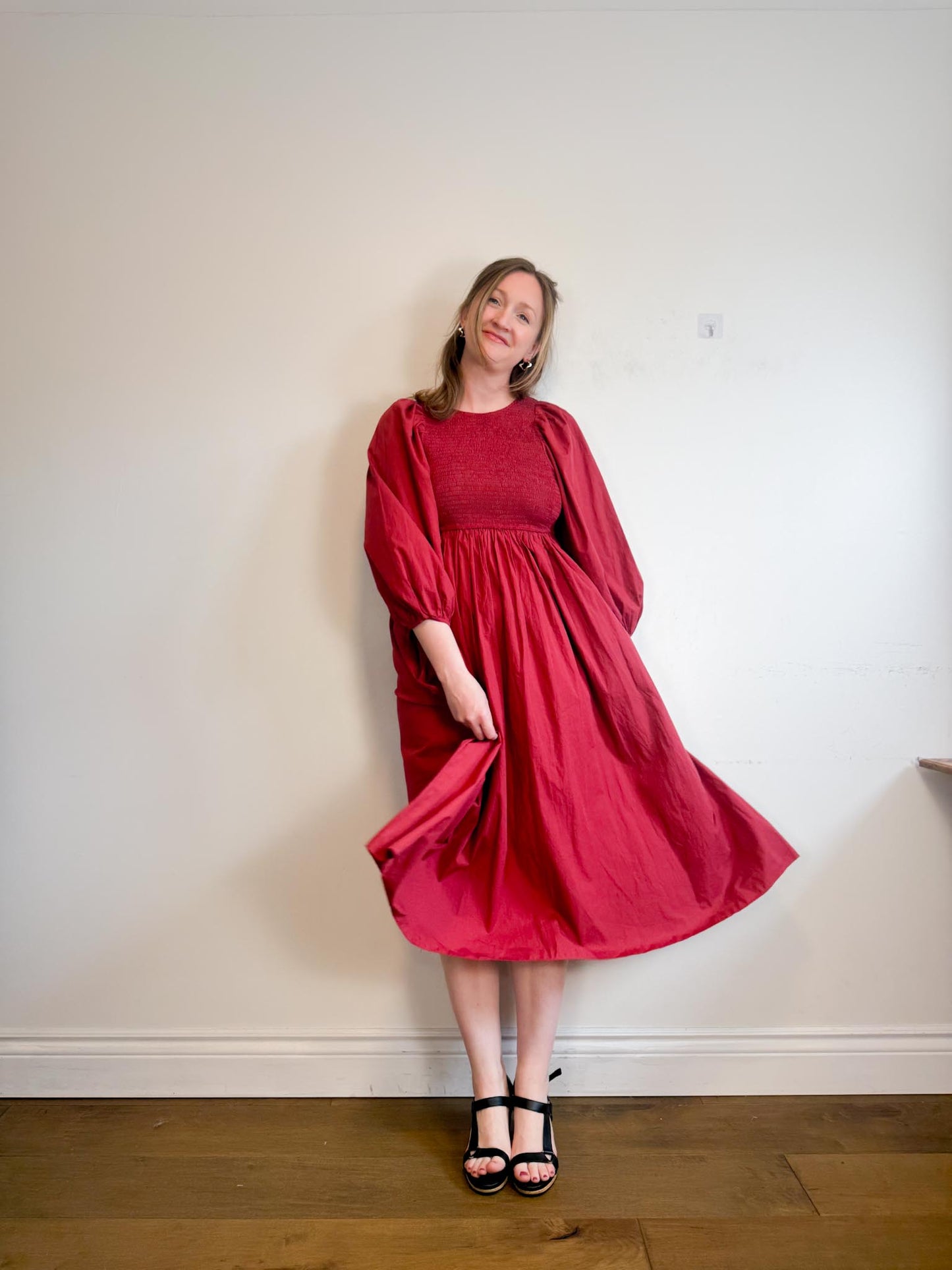 Anthropologie RHODE Puff Sleeve Dress in Burgundy (Size M/L)