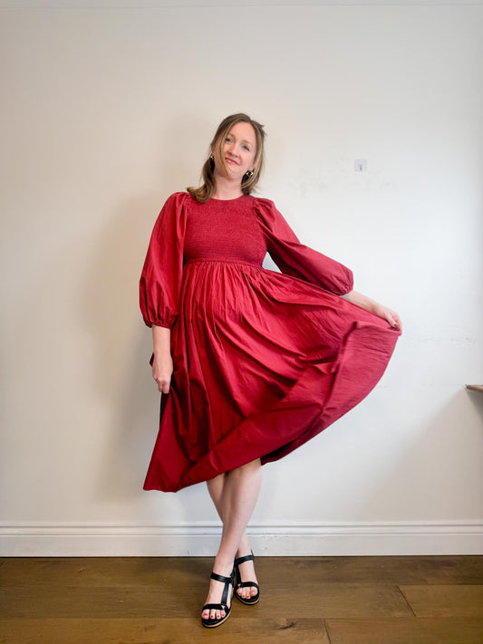 Anthropologie RHODE Puff Sleeve Dress in Burgundy (Size M/L)