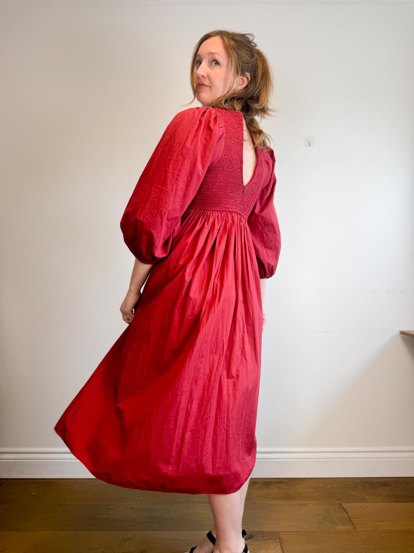 Anthropologie RHODE Puff Sleeve Dress in Burgundy (Size M/L)
