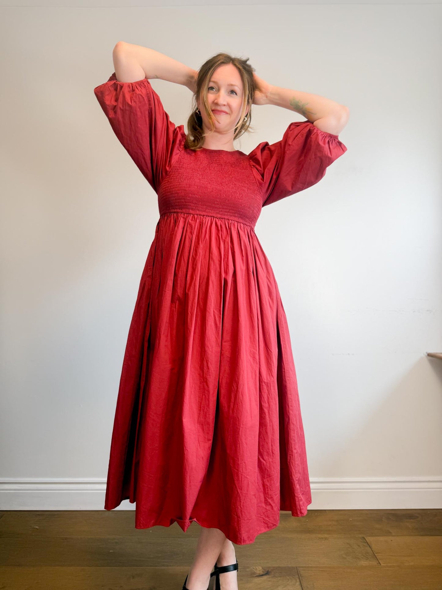 Anthropologie RHODE Puff Sleeve Dress in Burgundy (Size M/L)