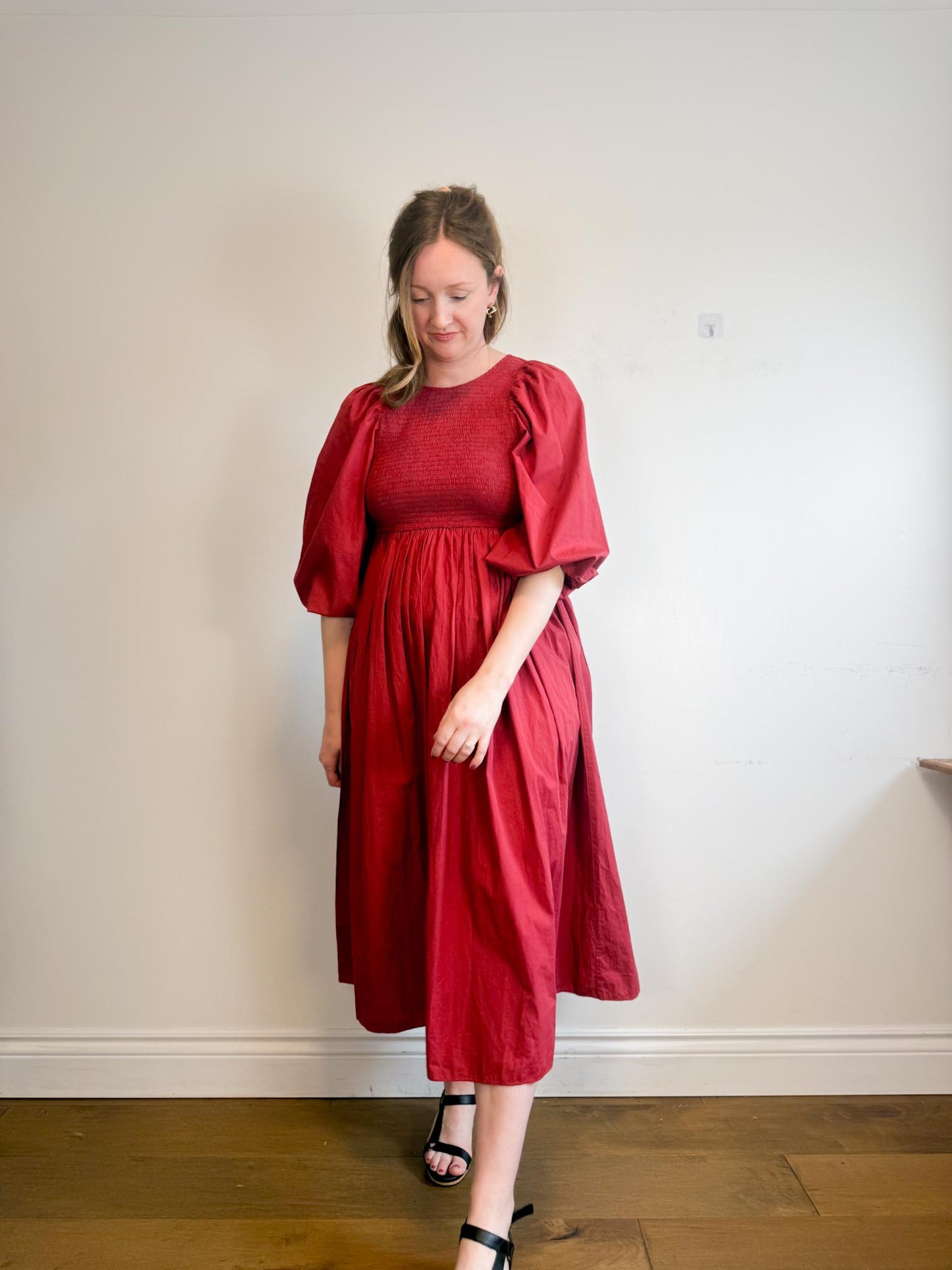 Anthropologie RHODE Puff Sleeve Dress in Burgundy (Size M/L)