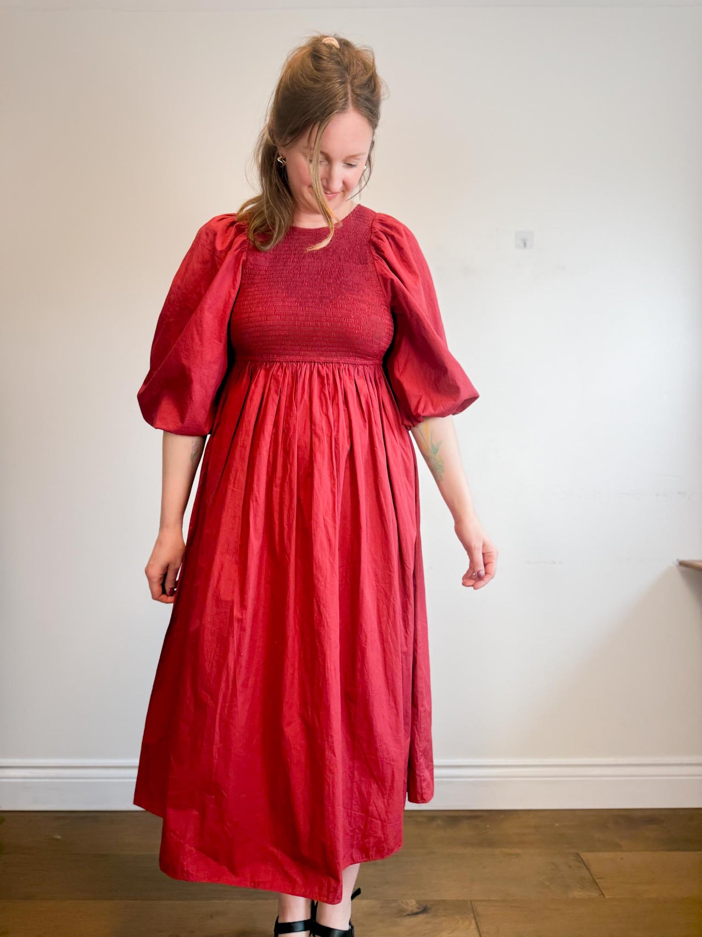 Anthropologie RHODE Puff Sleeve Dress in Burgundy (Size M/L)