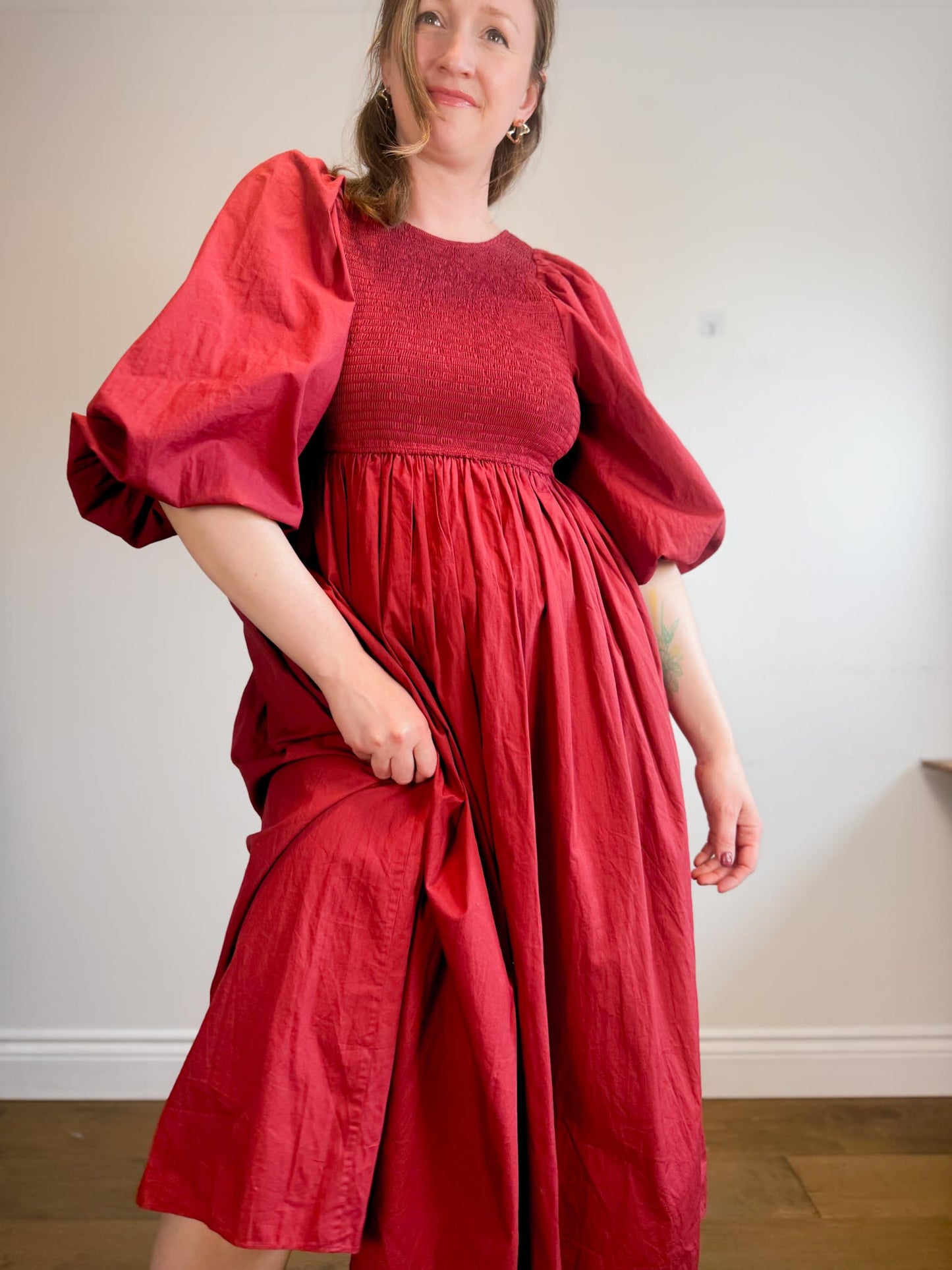 Anthropologie RHODE Puff Sleeve Dress in Burgundy (Size M/L)