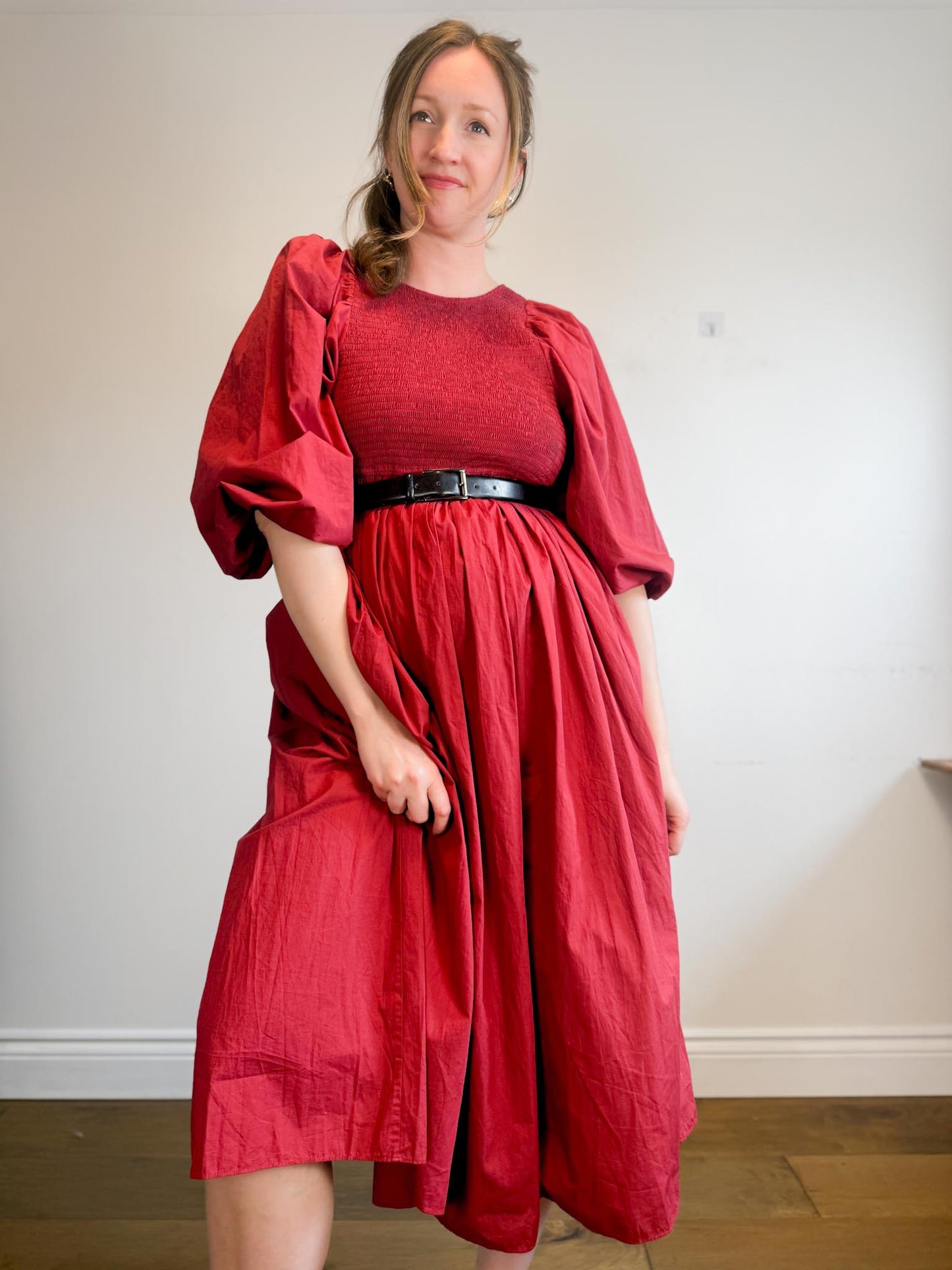 Anthropologie RHODE Puff Sleeve Dress in Burgundy (Size M/L)
