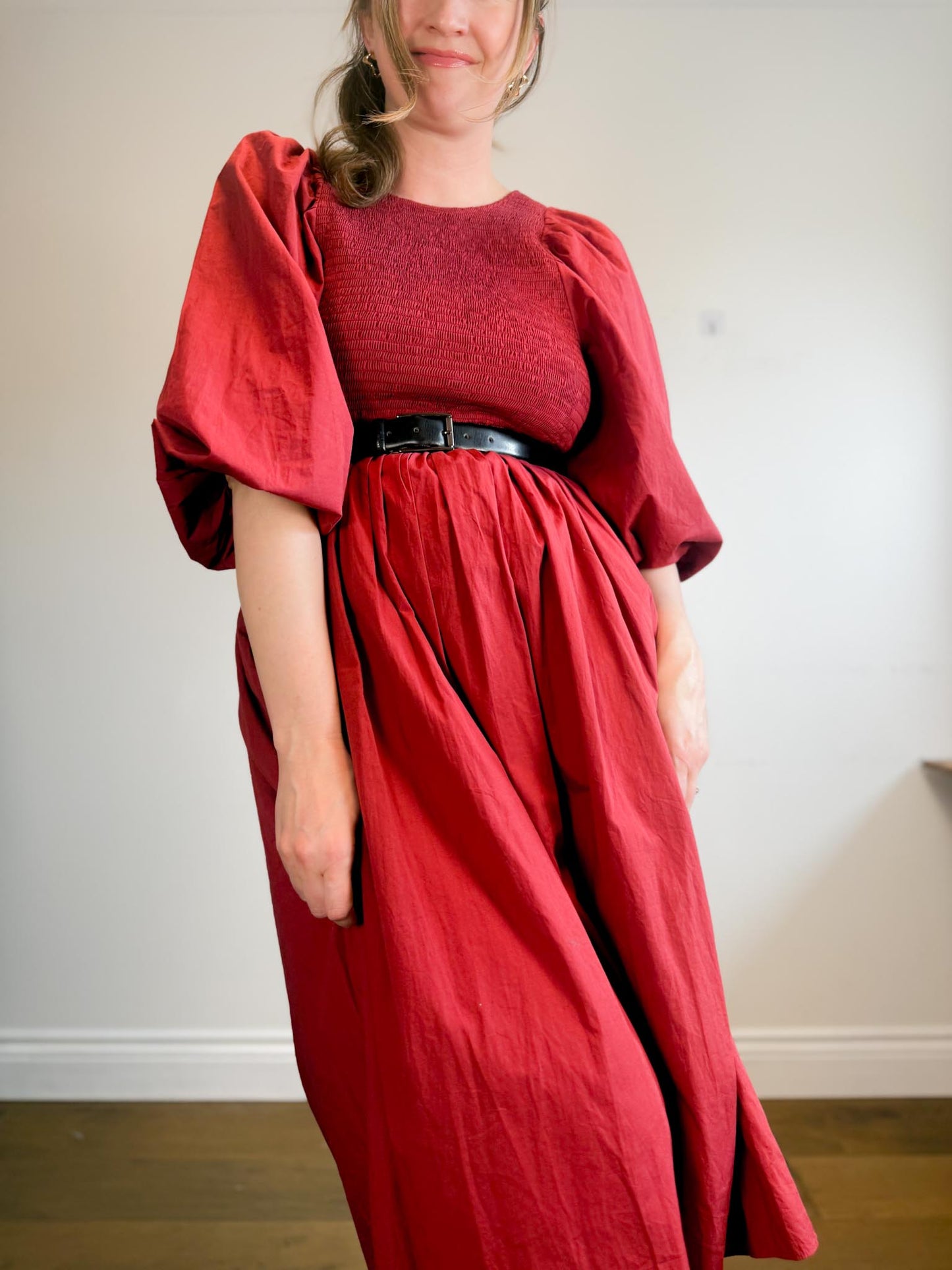 Anthropologie RHODE Puff Sleeve Dress in Burgundy (Size M/L)