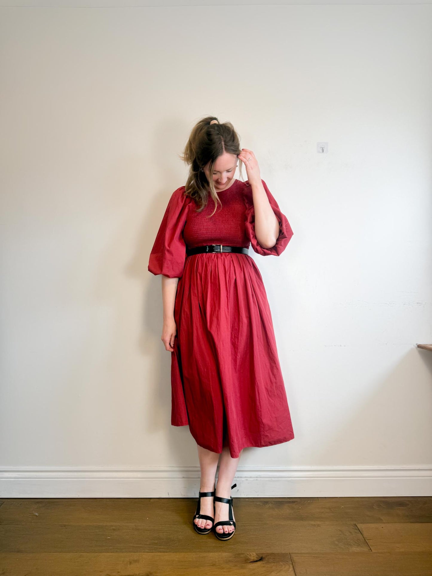 Anthropologie RHODE Puff Sleeve Dress in Burgundy (Size M/L)