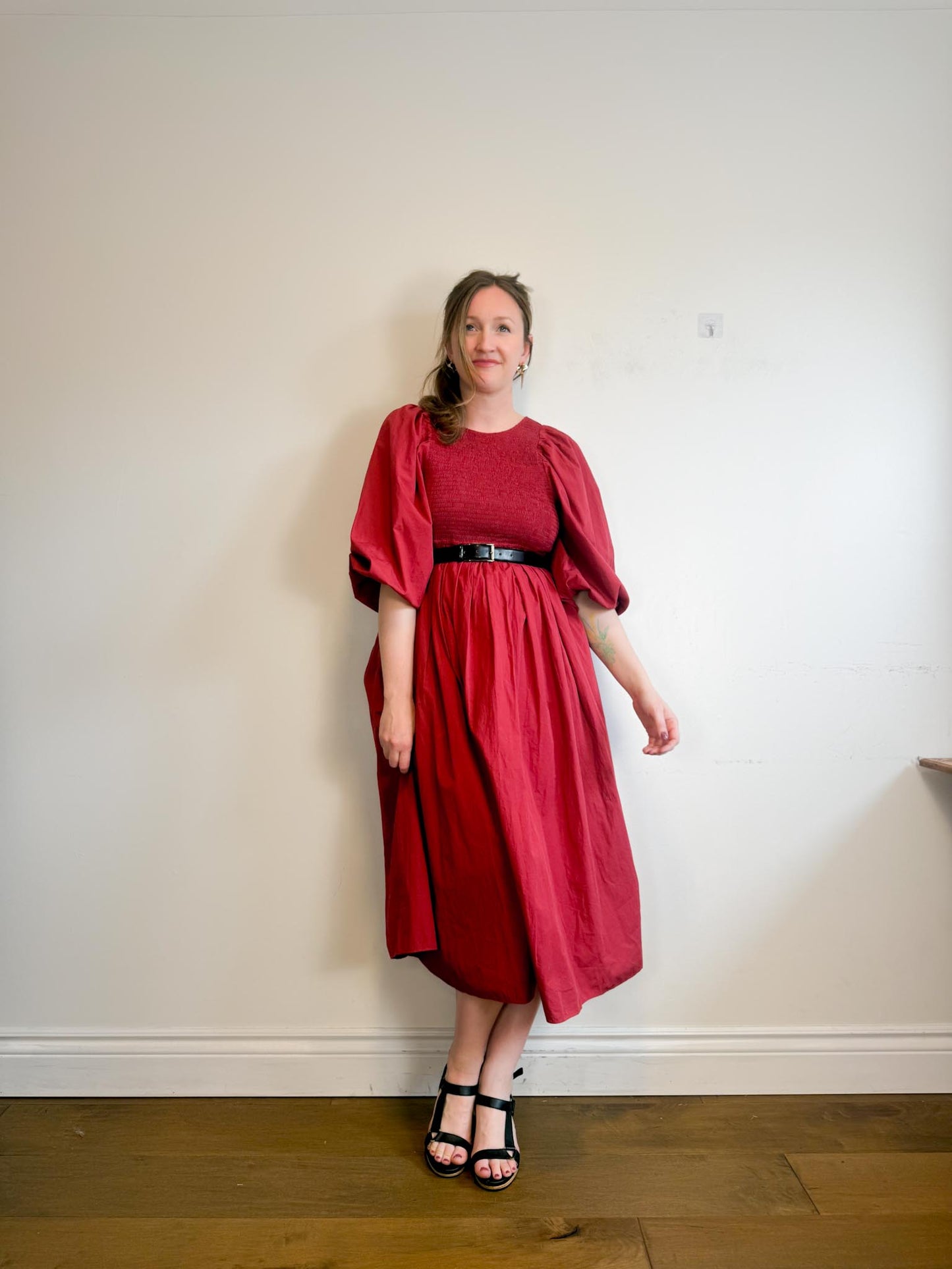 Anthropologie RHODE Puff Sleeve Dress in Burgundy (Size M/L)