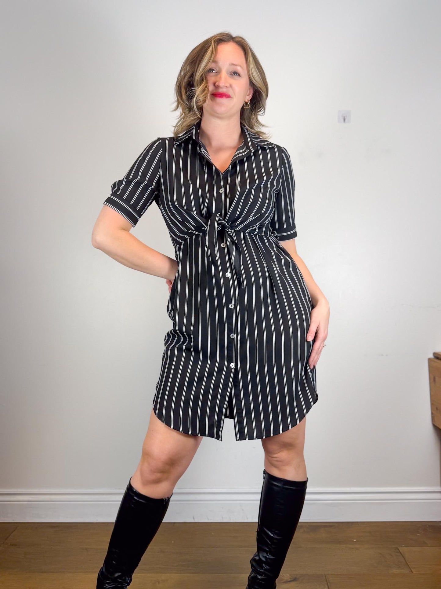 Brenda Beddomme Striped Shirt Dress in Black/White (Size 12)