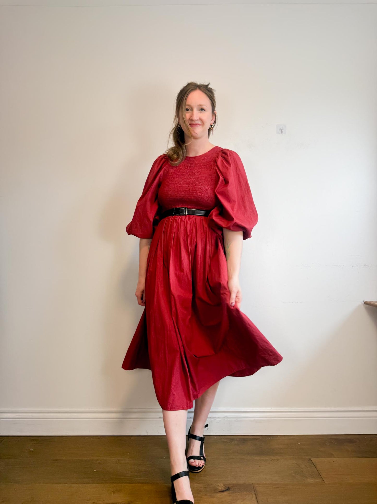Anthropologie RHODE Puff Sleeve Dress in Burgundy (Size M/L)
