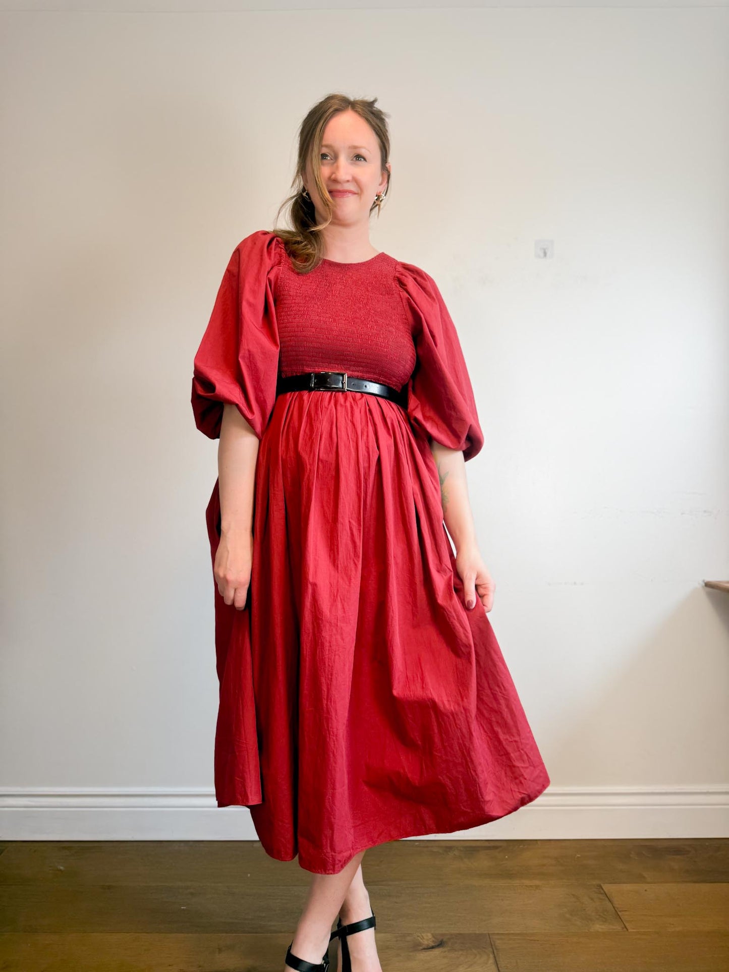 Anthropologie RHODE Puff Sleeve Dress in Burgundy (Size M/L)