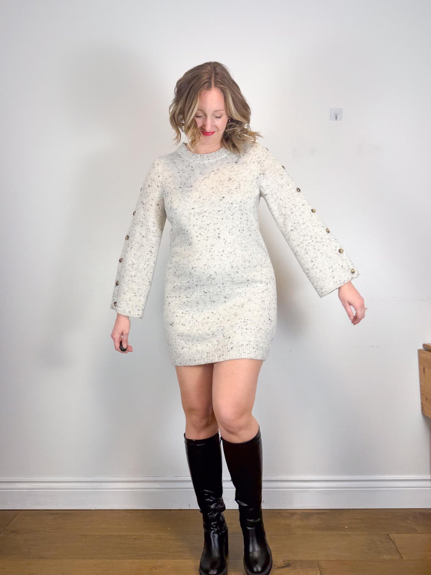 Madewell "Donegal Button-Sleeve Sweater-Dress in Heathered Grey" (Size M)