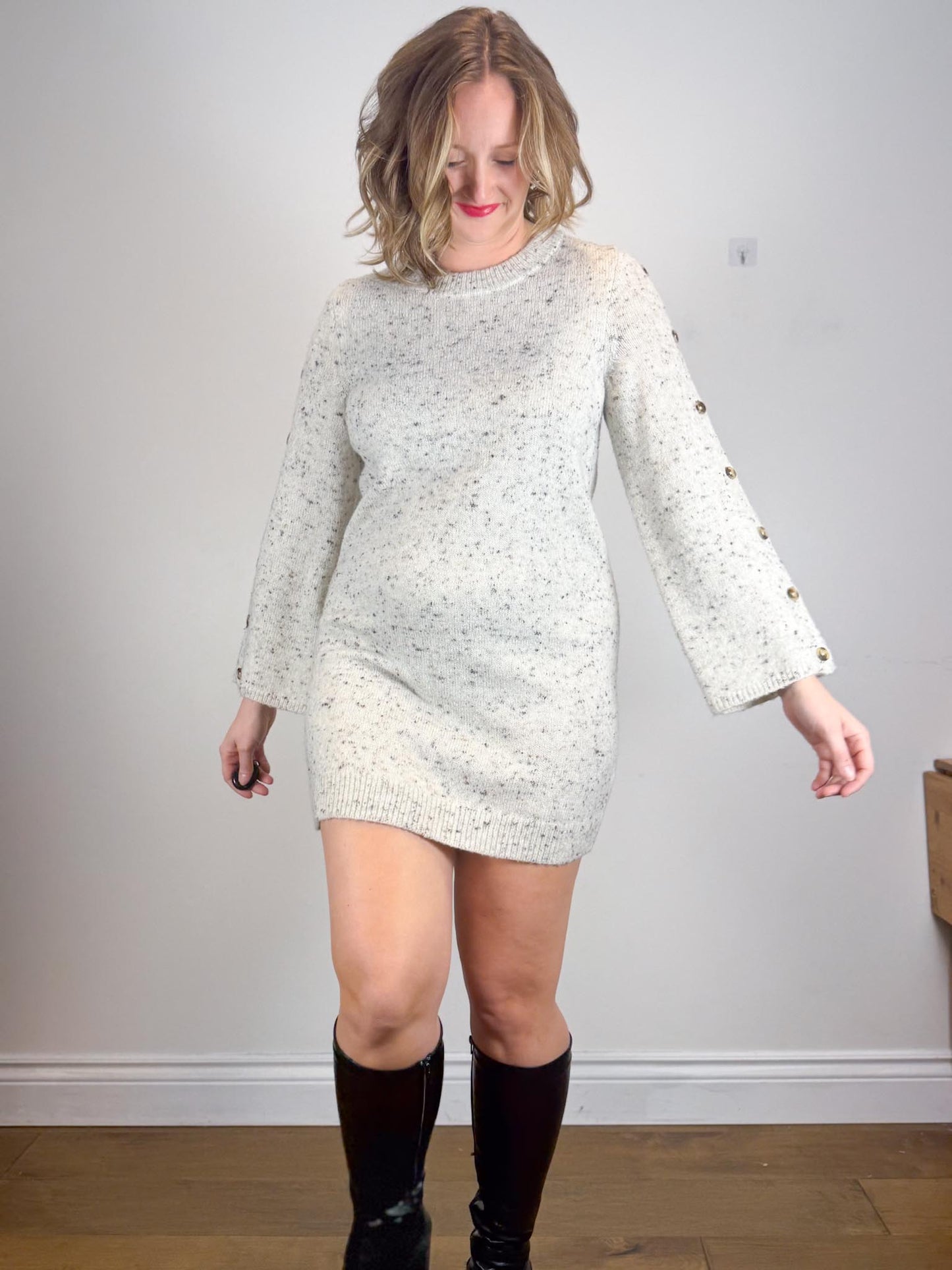 Madewell "Donegal Button-Sleeve Sweater-Dress in Heathered Grey" (Size M)