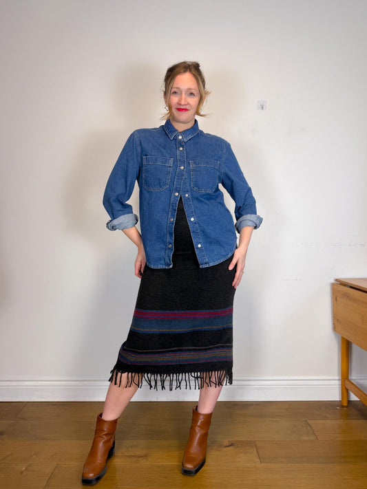 Vintage Wool Blend Midi Skirt with Fringe (Size M/L)