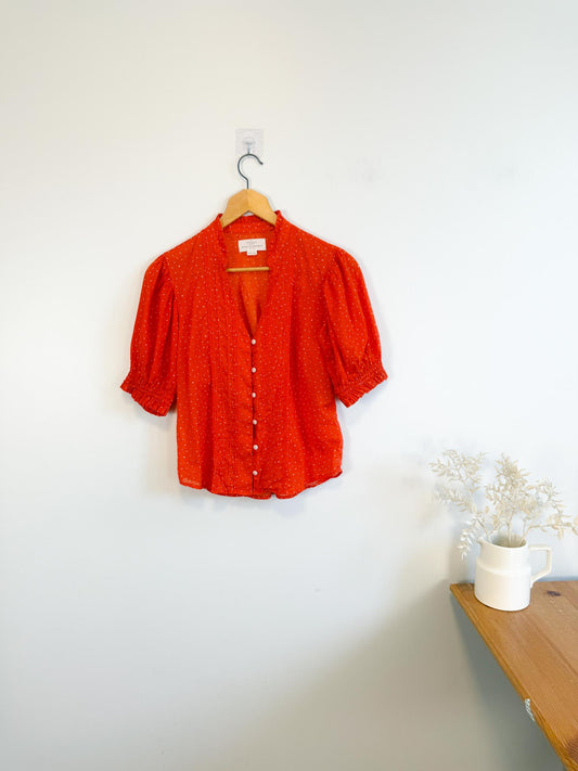 TROVATA Ruffle Blouse in Orange Red Polka Dot (Size XS-M)