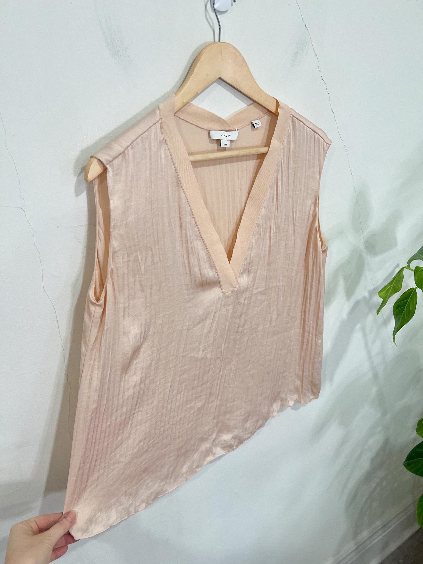 Vince "Vince Crushed Sleeveless Double V-Neck Blouse in French Rose" (Size M)