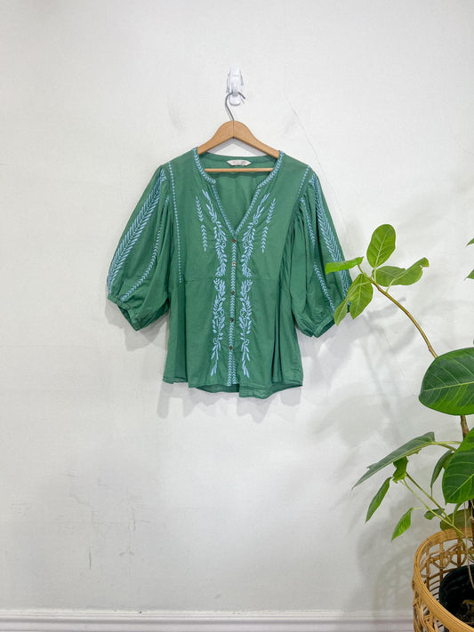 Odd Molly Slow Fashion Embroidered Puff Sleeve Blouse in Green/Blue (Size L)