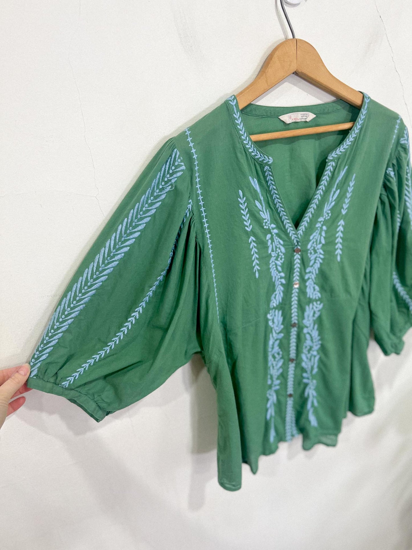 Odd Molly Slow Fashion Embroidered Puff Sleeve Blouse in Green/Blue (Size L)