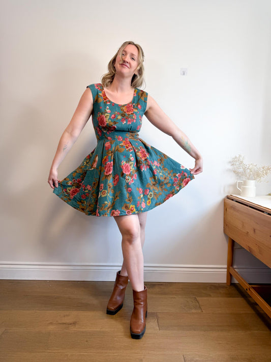 Annie 50 Canadian Made Floral Mini Dress in Teal/Pink (Size M)
