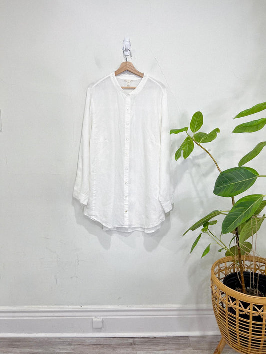 Eileen Fisher Mandarin Collar White Linen Long Blouse (Size 3X)