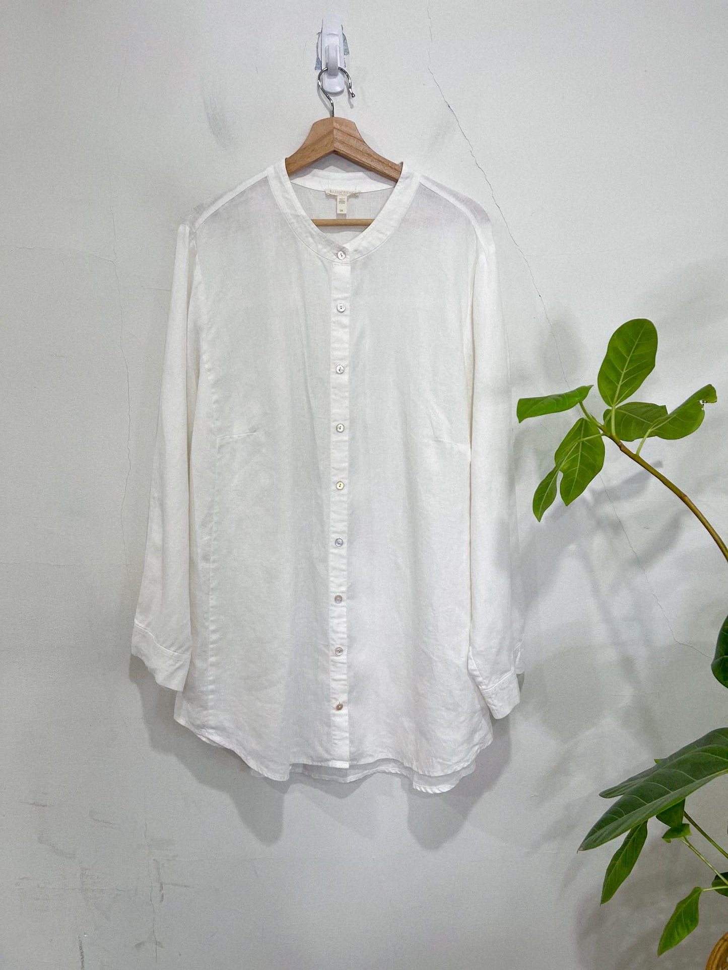 Eileen Fisher Mandarin Collar White Linen Long Blouse (Size 3X)