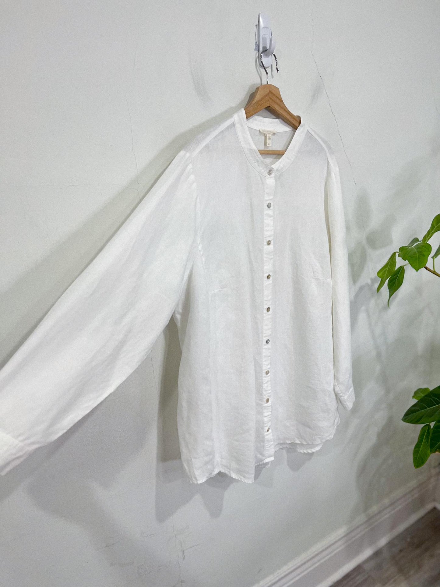 Eileen Fisher Mandarin Collar White Linen Long Blouse (Size 3X)