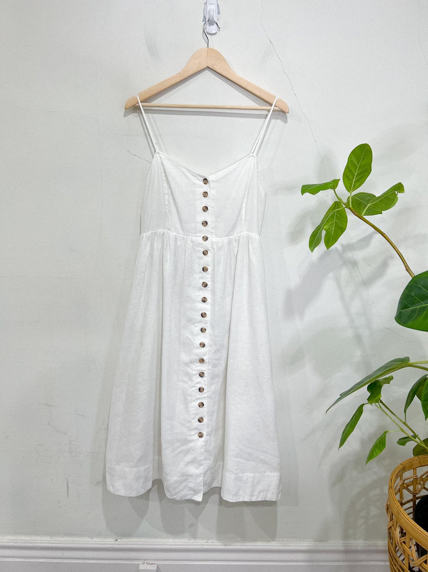 Madewell "Linen-Cotton Cami Button-Front Midi Dress in White" (Size 10)