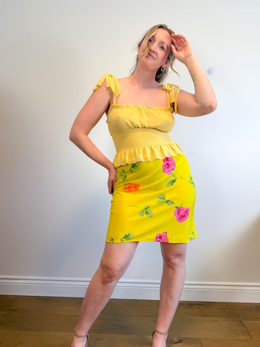 Vintage Floral Skirt in Yellow/Pink (Size M/L)