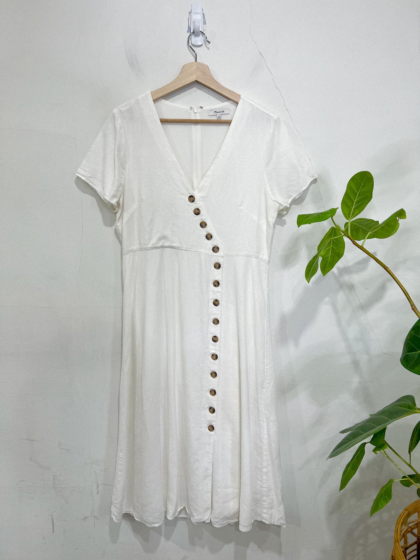 Madewell "Button-Wrap Linen Midi Dress in White" (Size 12)