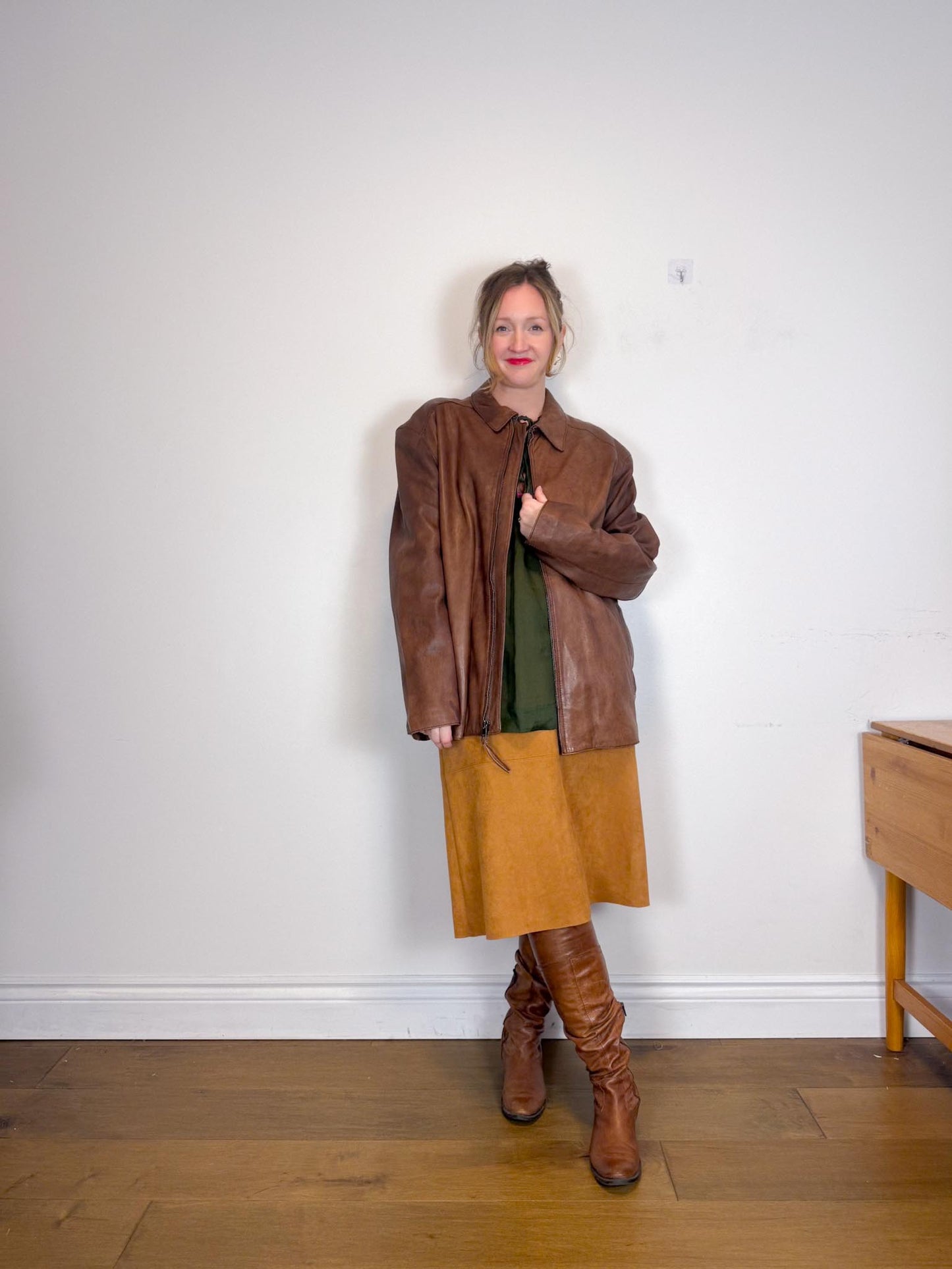 Contemporaine Simons Faux Suede Midi Skirt in Tan (Size M/L)