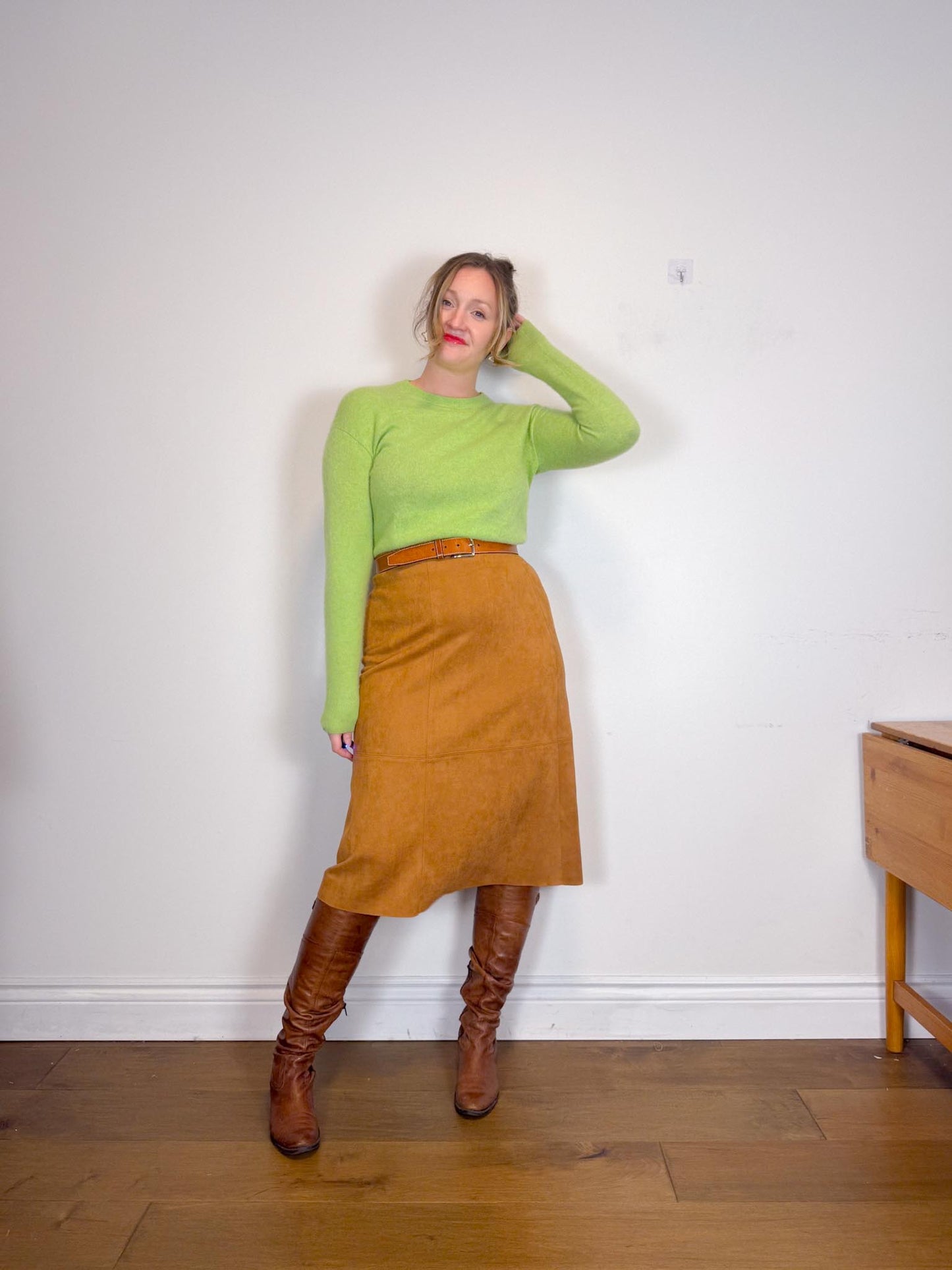 Contemporaine Simons Faux Suede Midi Skirt in Tan (Size M/L)