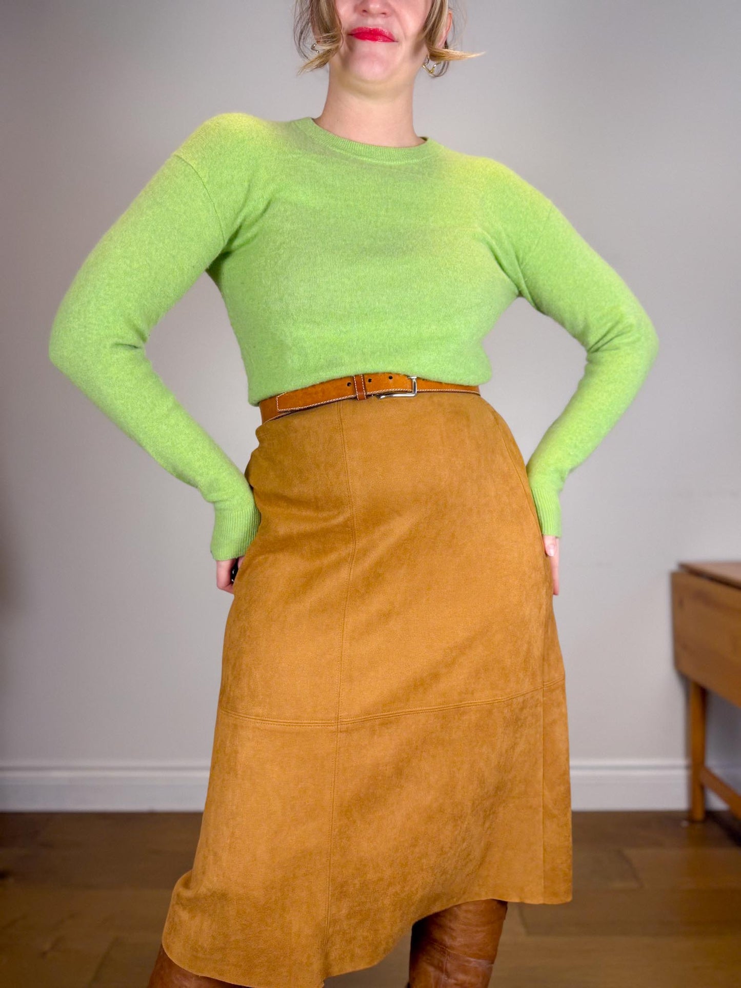 Contemporaine Simons Faux Suede Midi Skirt in Tan (Size M/L)