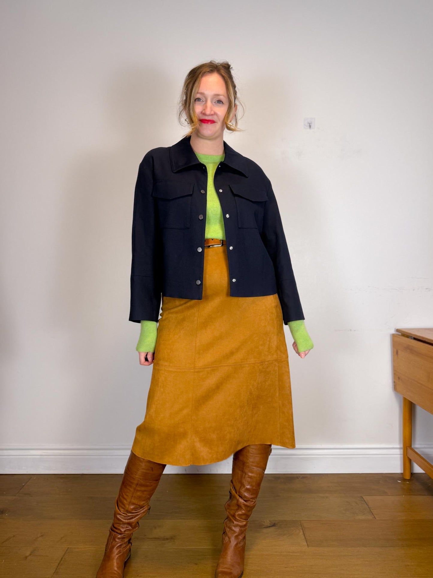 Contemporaine Simons Faux Suede Midi Skirt in Tan (Size M/L)