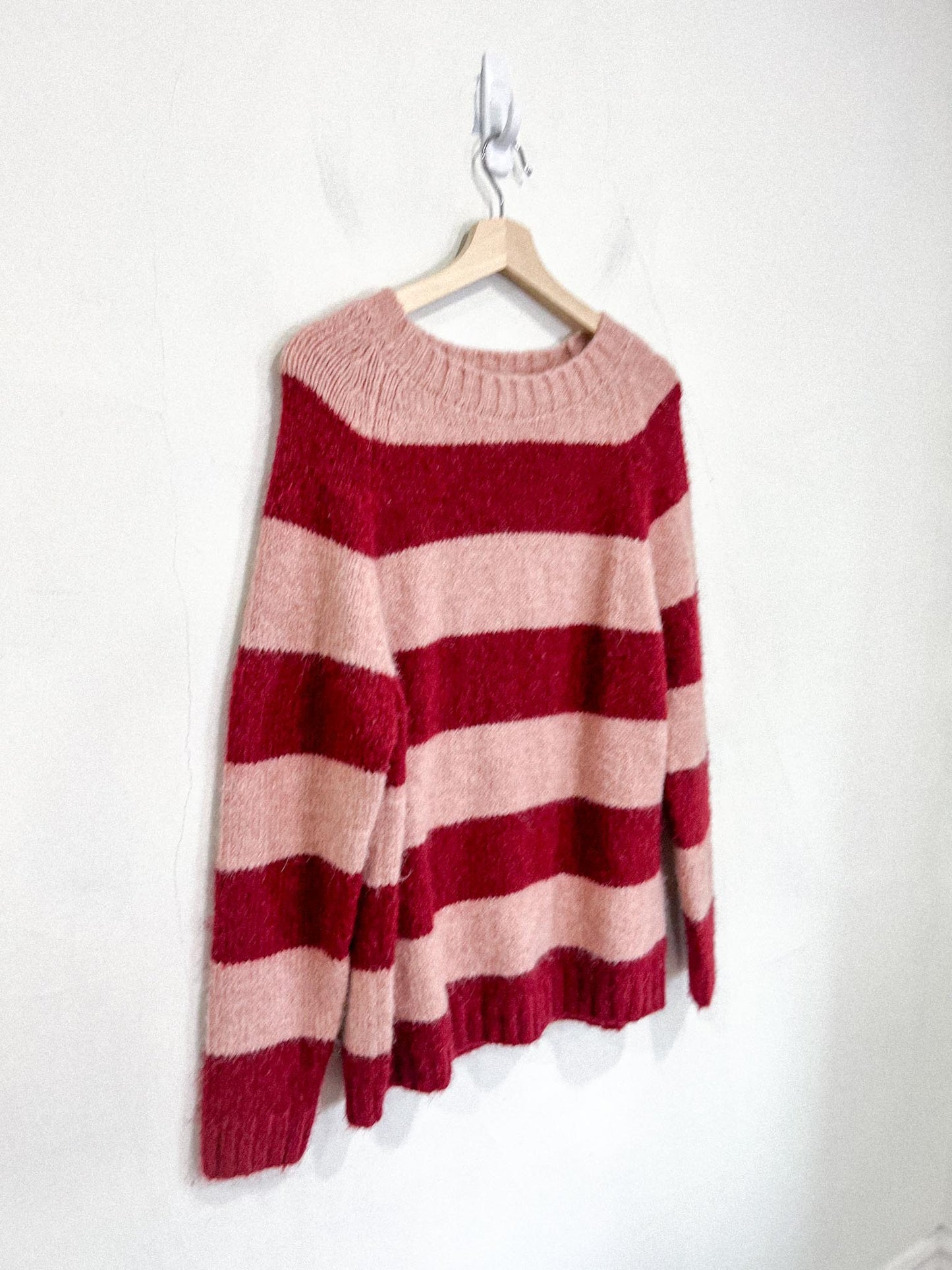 Contemporaine Simons Fuzzy Knit Striped Sweater in Pink/Red (S/M)