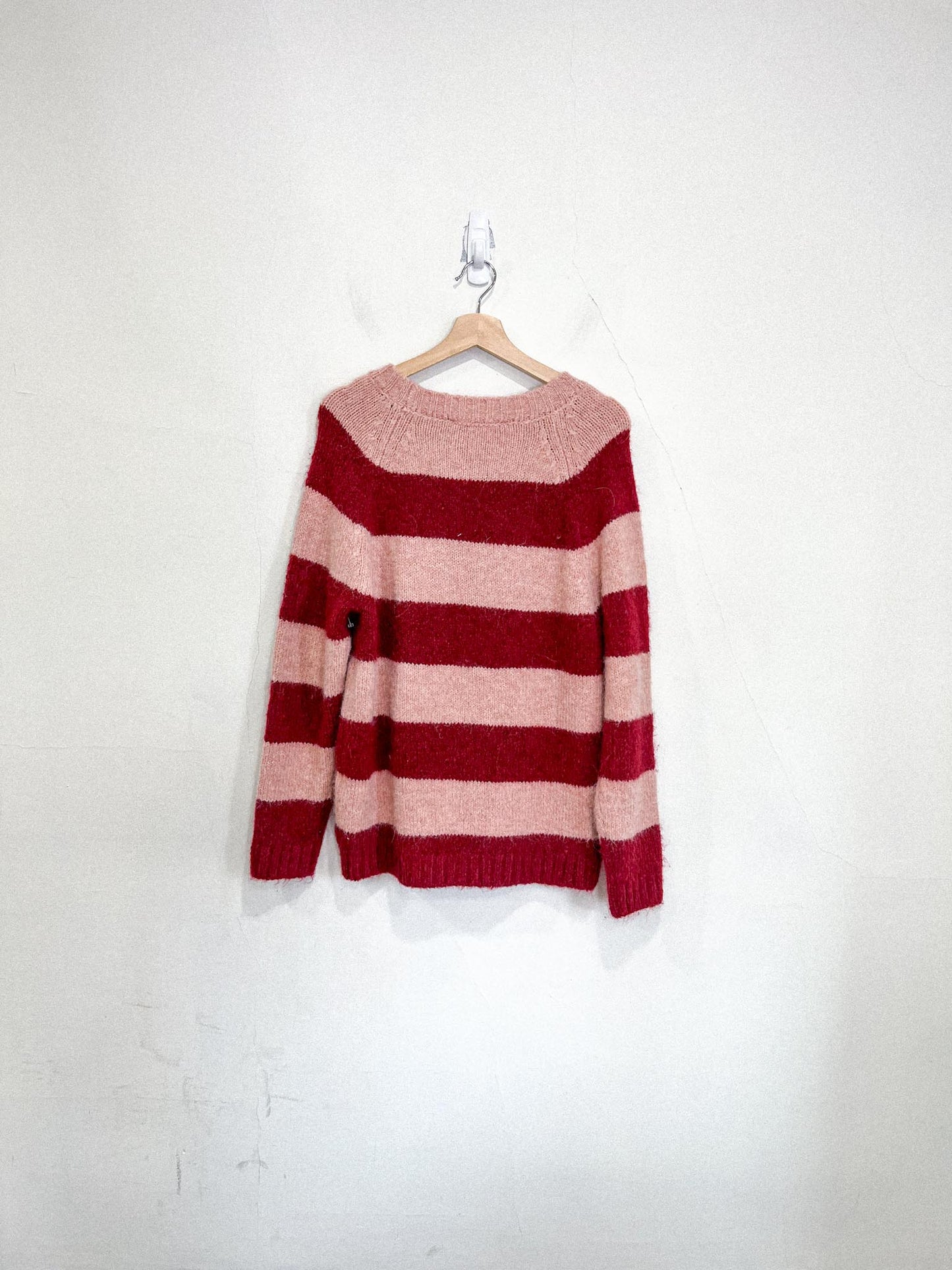 Contemporaine Simons Fuzzy Knit Striped Sweater in Pink/Red (S/M)