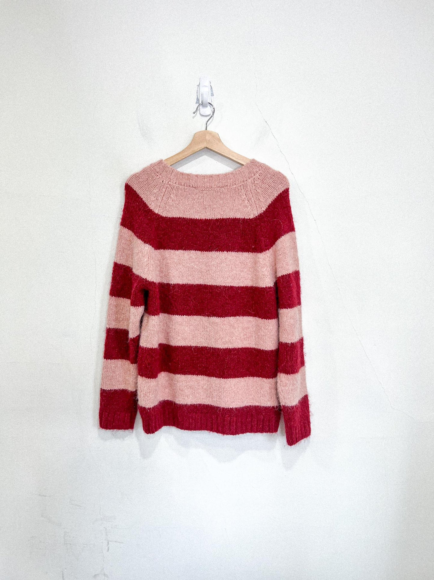 Contemporaine Simons Fuzzy Knit Striped Sweater in Pink/Red (S/M)