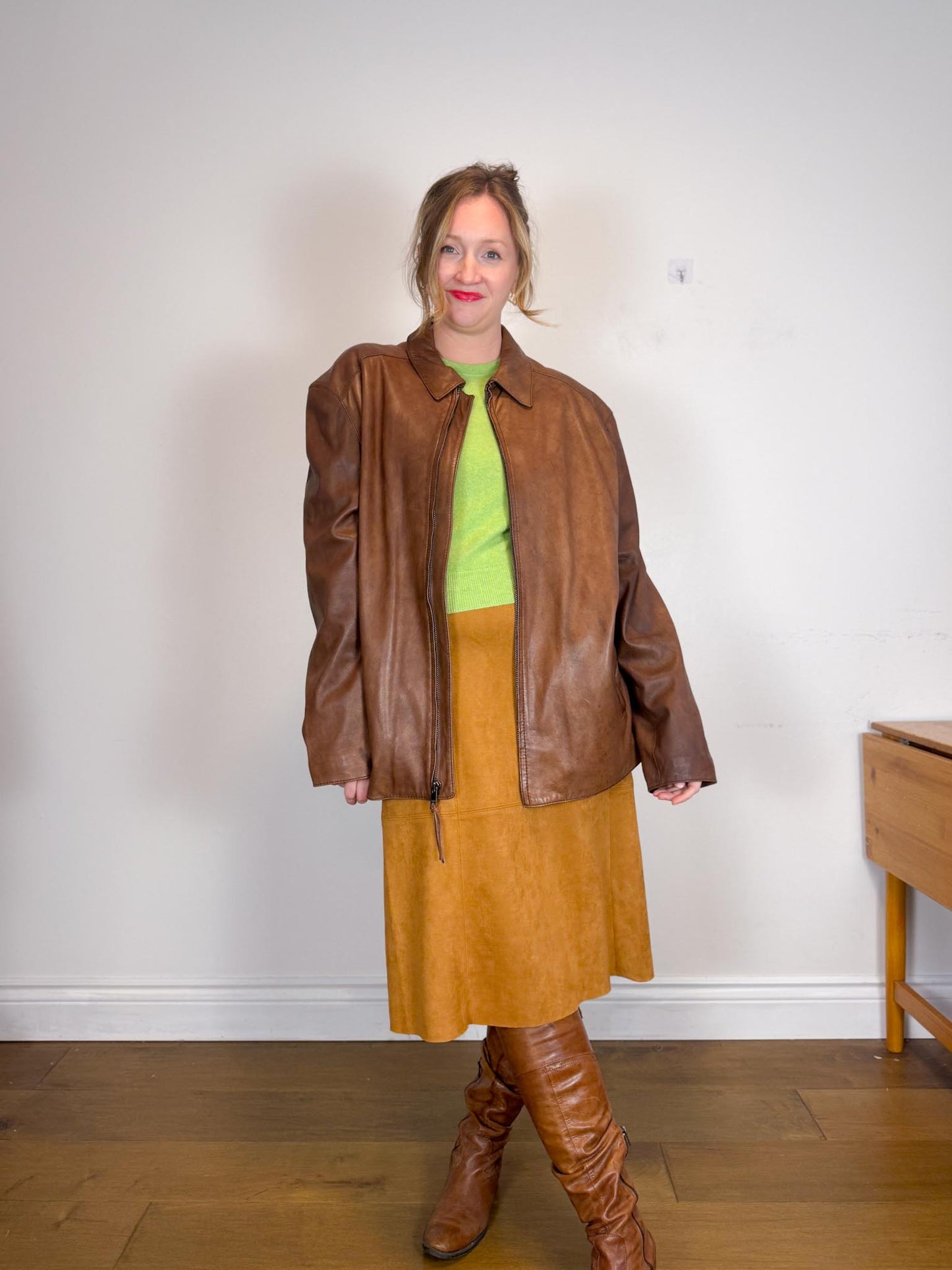 Contemporaine Simons Faux Suede Midi Skirt in Tan (Size M/L)