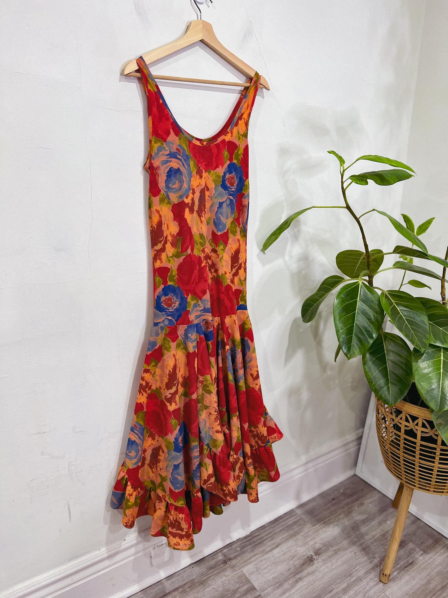 Vintage Floral Midi Dress with Draped Skirt (Size S/M)