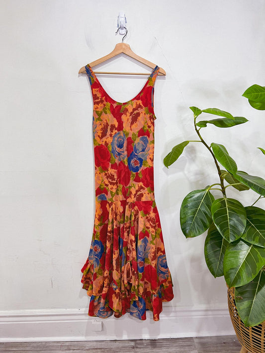 Vintage Floral Midi Dress with Draped Skirt (Size S/M)