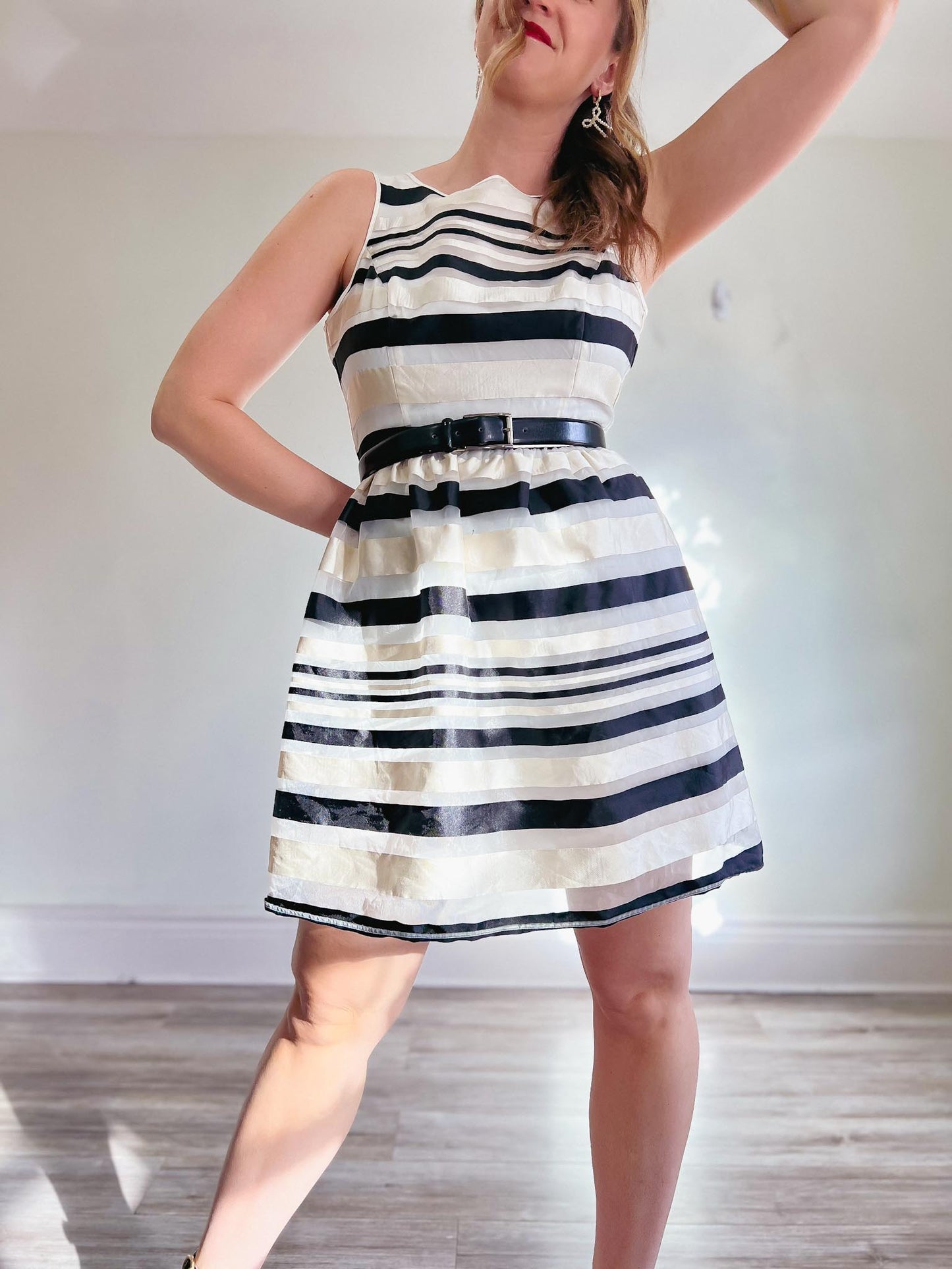 Banana Republic Striped Mini Dress in Black/White Satin (Size 8)