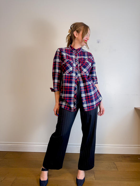 Contemporaine Simons Plaid Button Down in Navy/Red (Size XL)