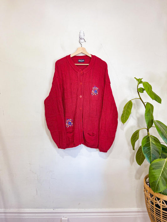 Vintage Red Cable Knit Cardigan with Embroidery (Size XL)