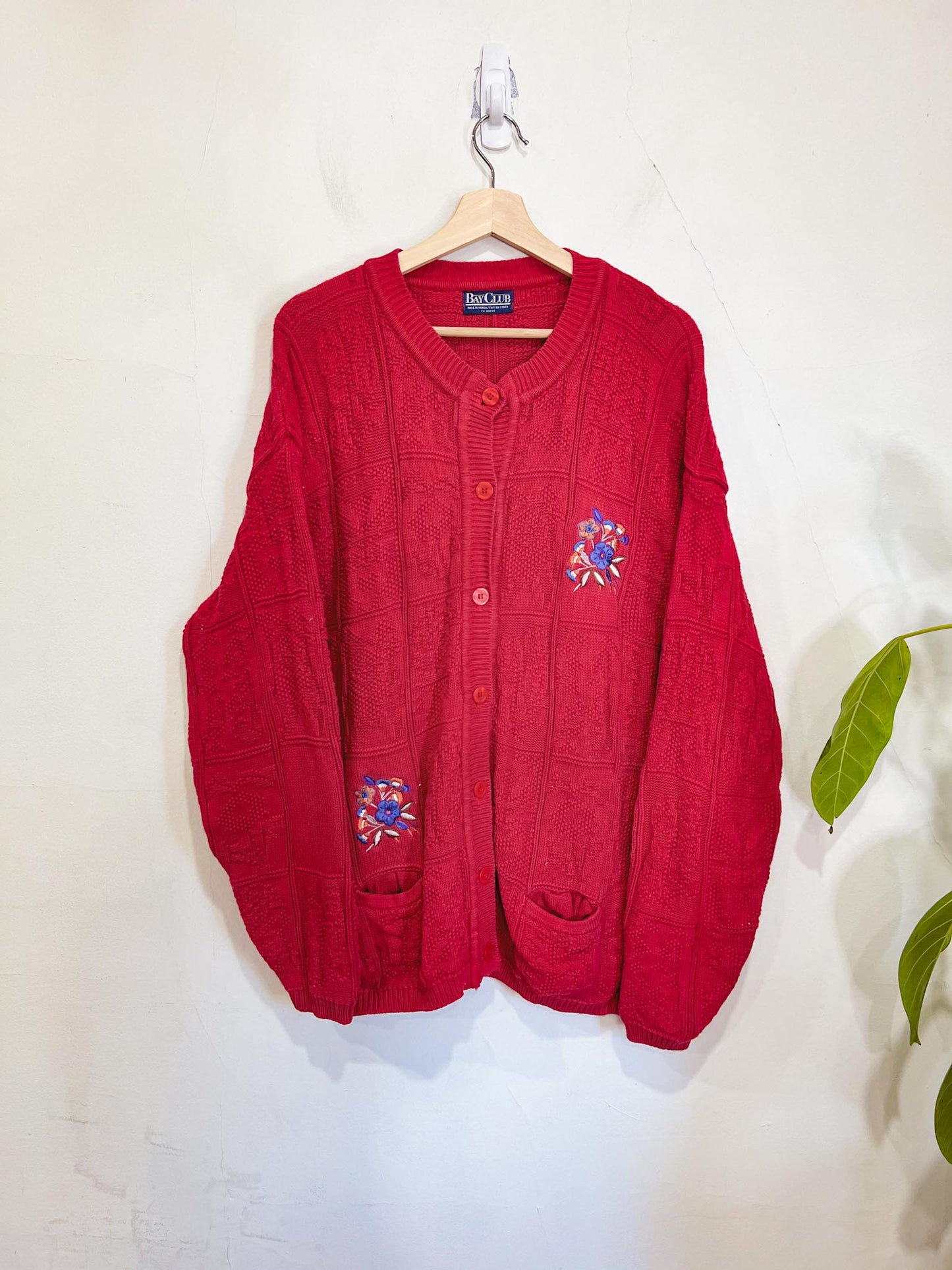 Vintage Red Cable Knit Cardigan with Embroidery (Size XL)