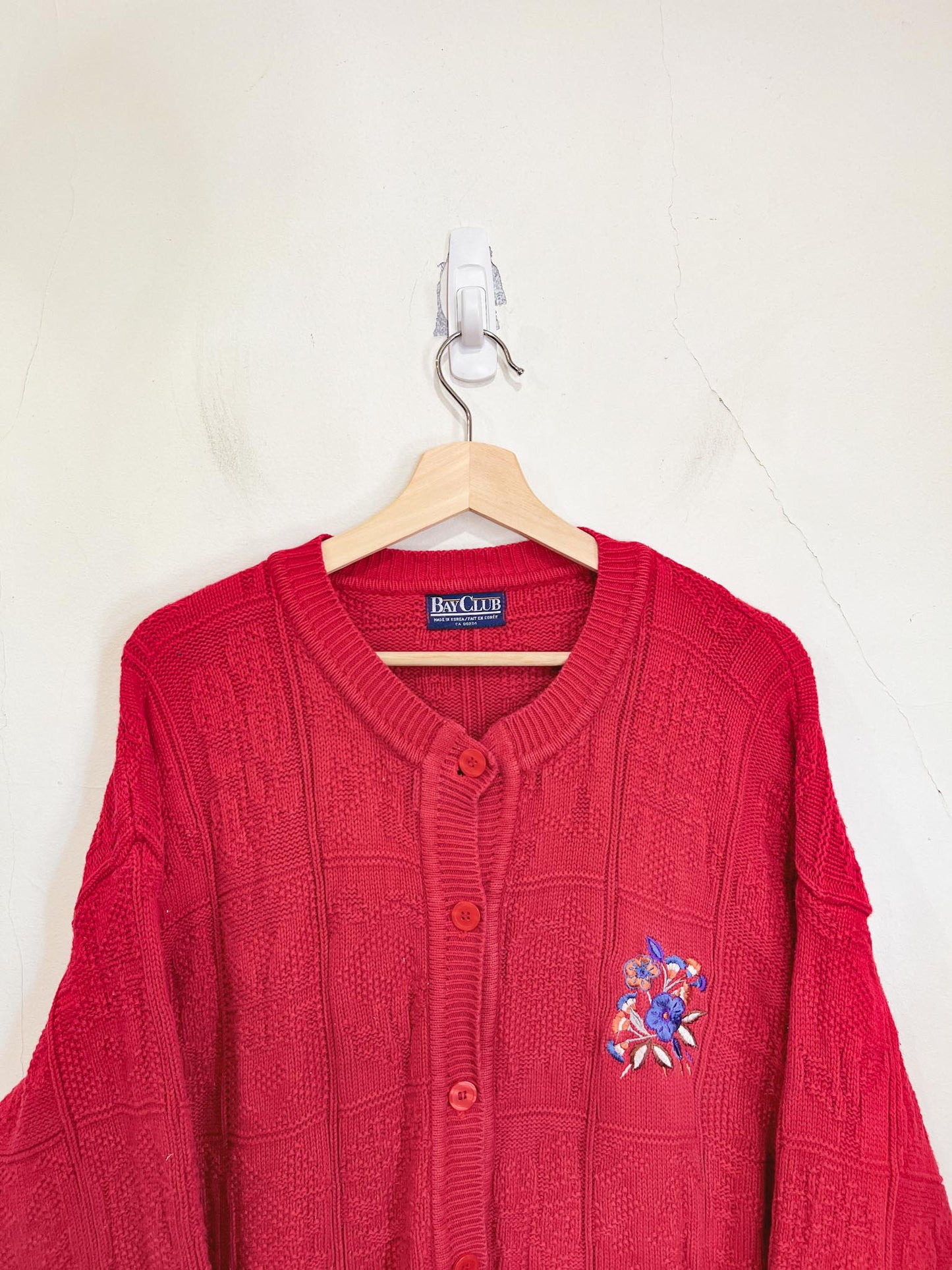 Vintage Red Cable Knit Cardigan with Embroidery (Size XL)