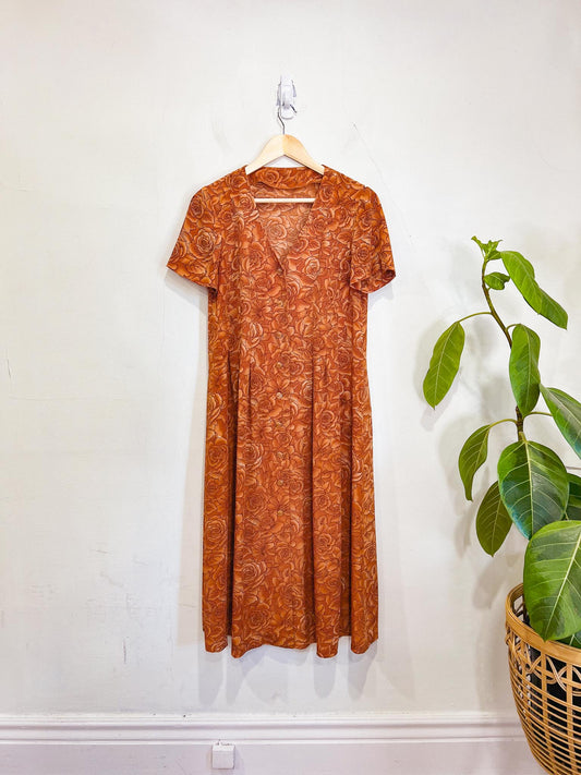 Vintage Floral Midi Dress in Burnt Orange (Size L)