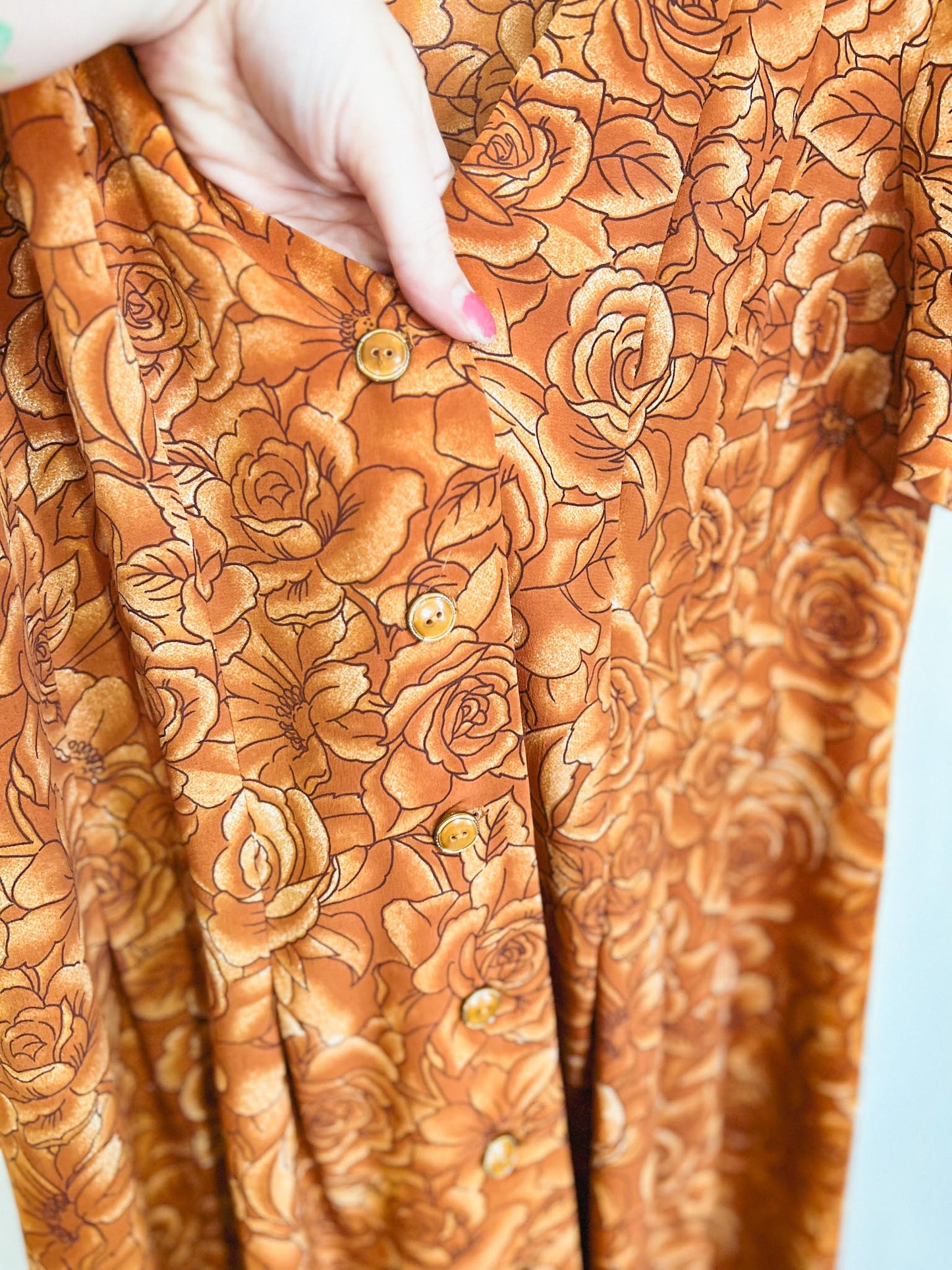 Vintage Floral Midi Dress in Burnt Orange (Size L)