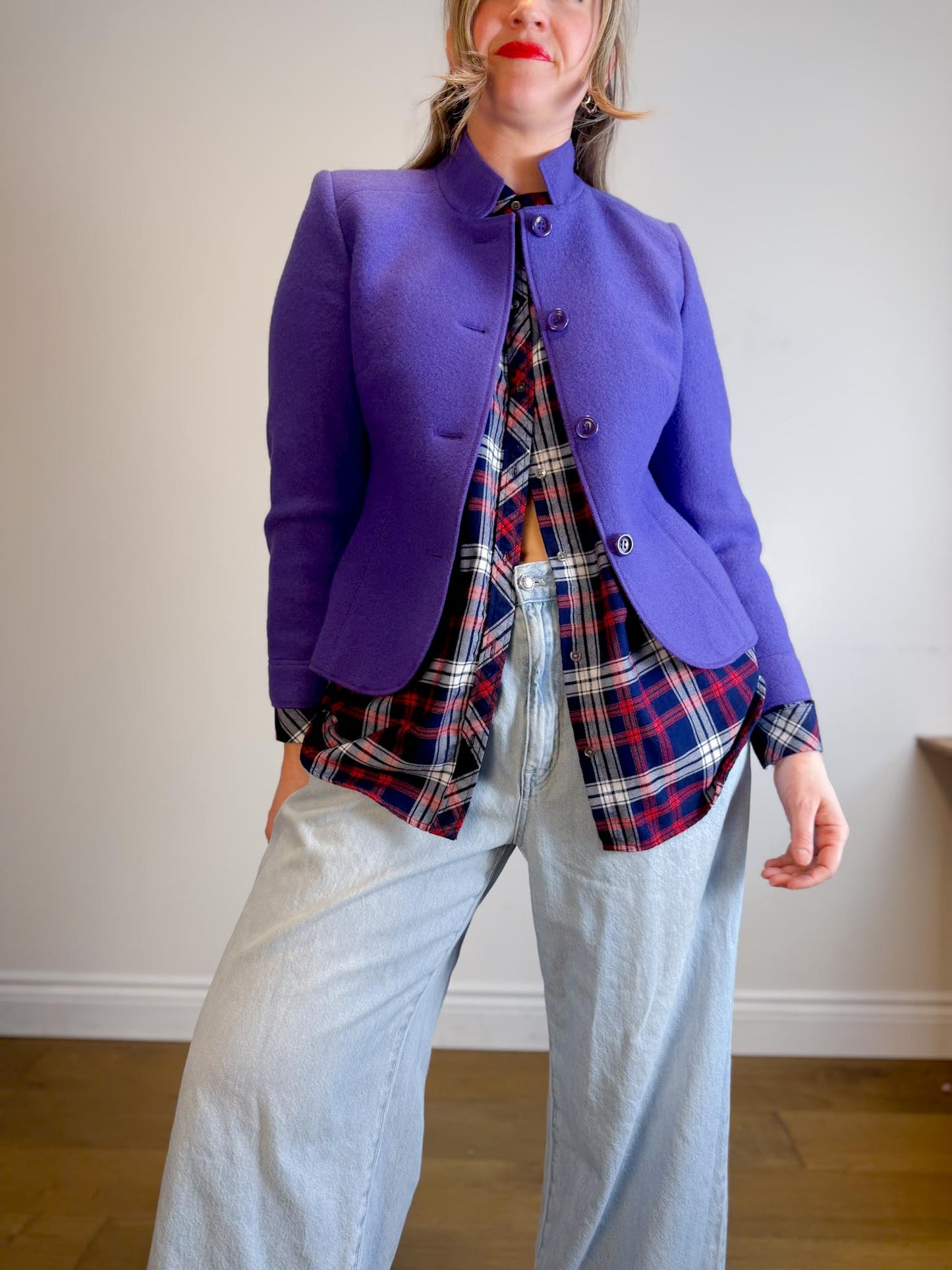 Contemporaine Simons Plaid Button Down in Navy/Red (Size XL)