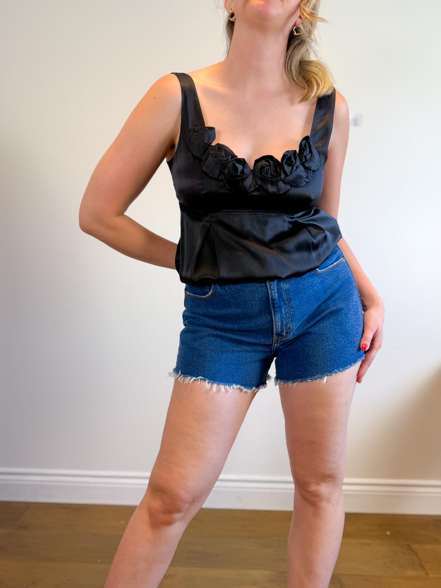 Rebecca Taylor Silk Rosebud Long Camisole in Black (Size L)