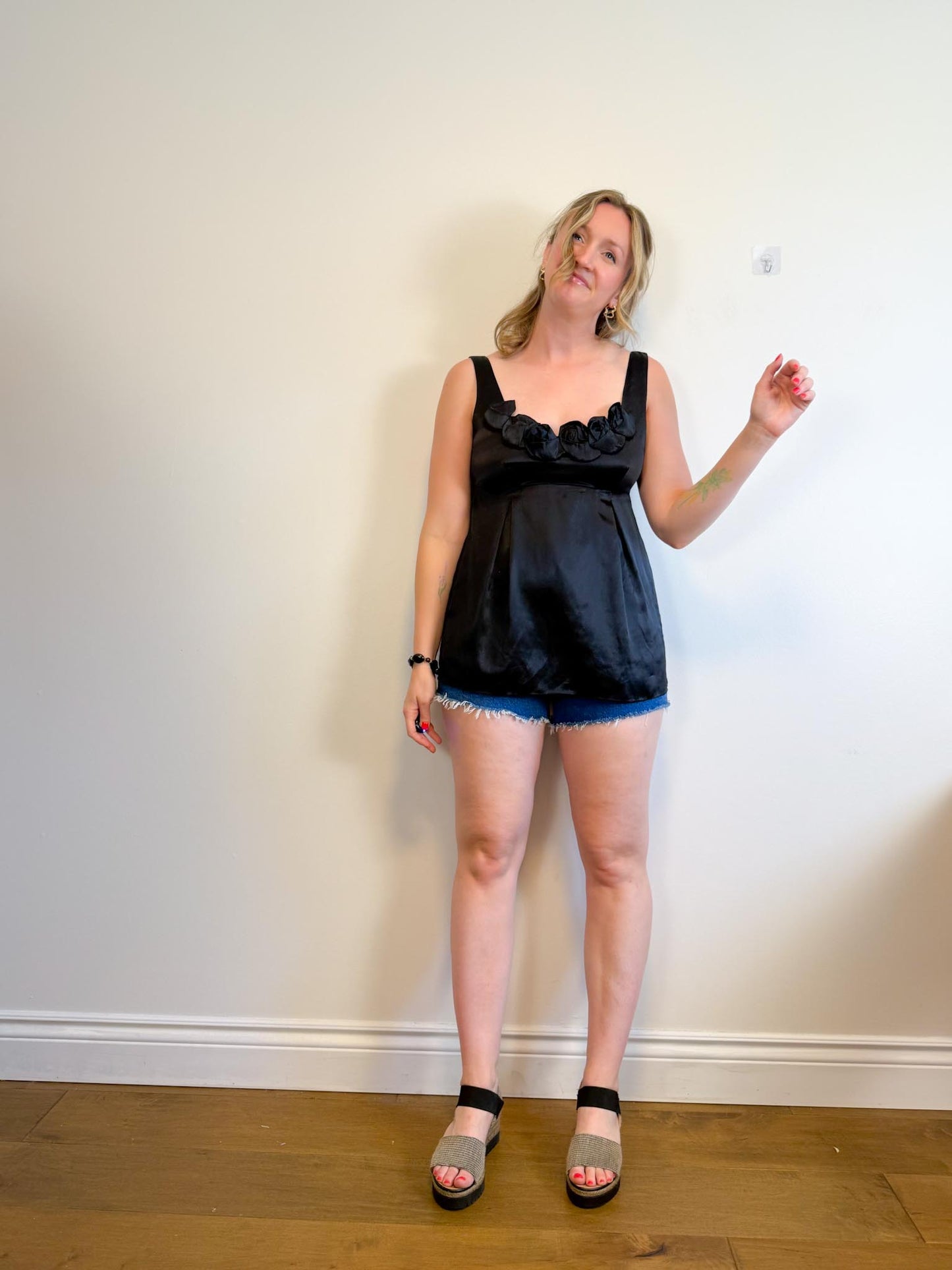 Rebecca Taylor Silk Rosebud Long Camisole in Black (Size L)